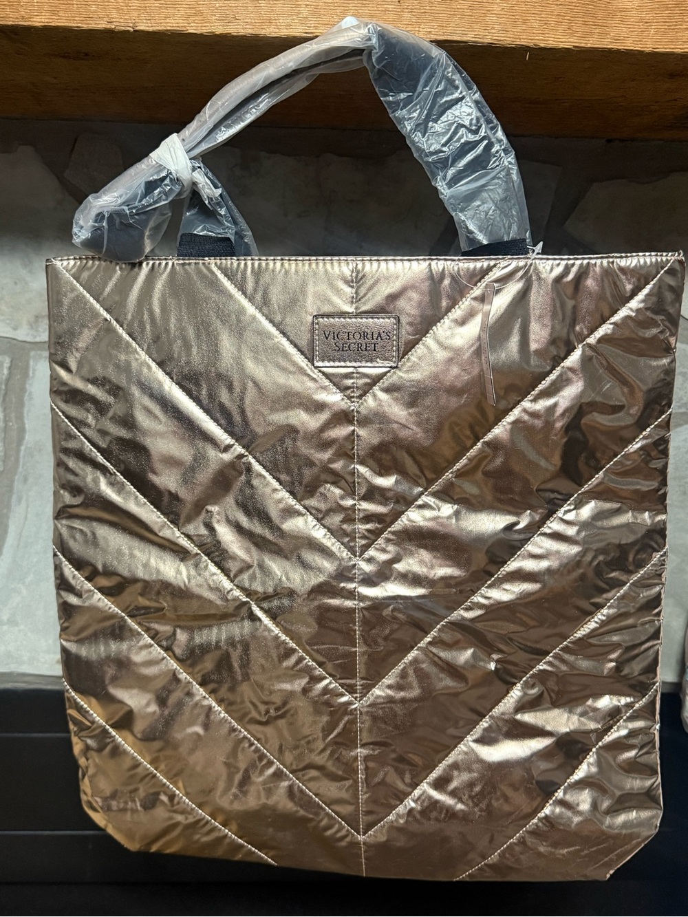 Victoria’s Secret Rose Gold Metallic Quilted Tote Bag NWT Large